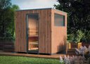 Kompakte Gartensauna aus Holz mit Glastür und Seitenfenster