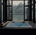 Eingelassener Whirlpool vor Panoramafenstern mit Blick auf einen Bergsee