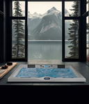 Eingelassener Whirlpool vor Panoramafenstern mit Bergsee