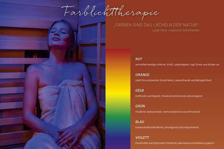 Frau in farbig beleuchteter Sauna mit Übersicht der Farblichttherapie