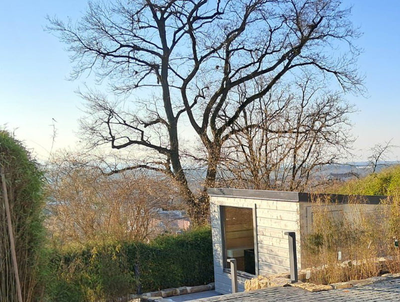 Helle Gartensauna mit großem Fenster an einem Hang unter einem hohen Baum