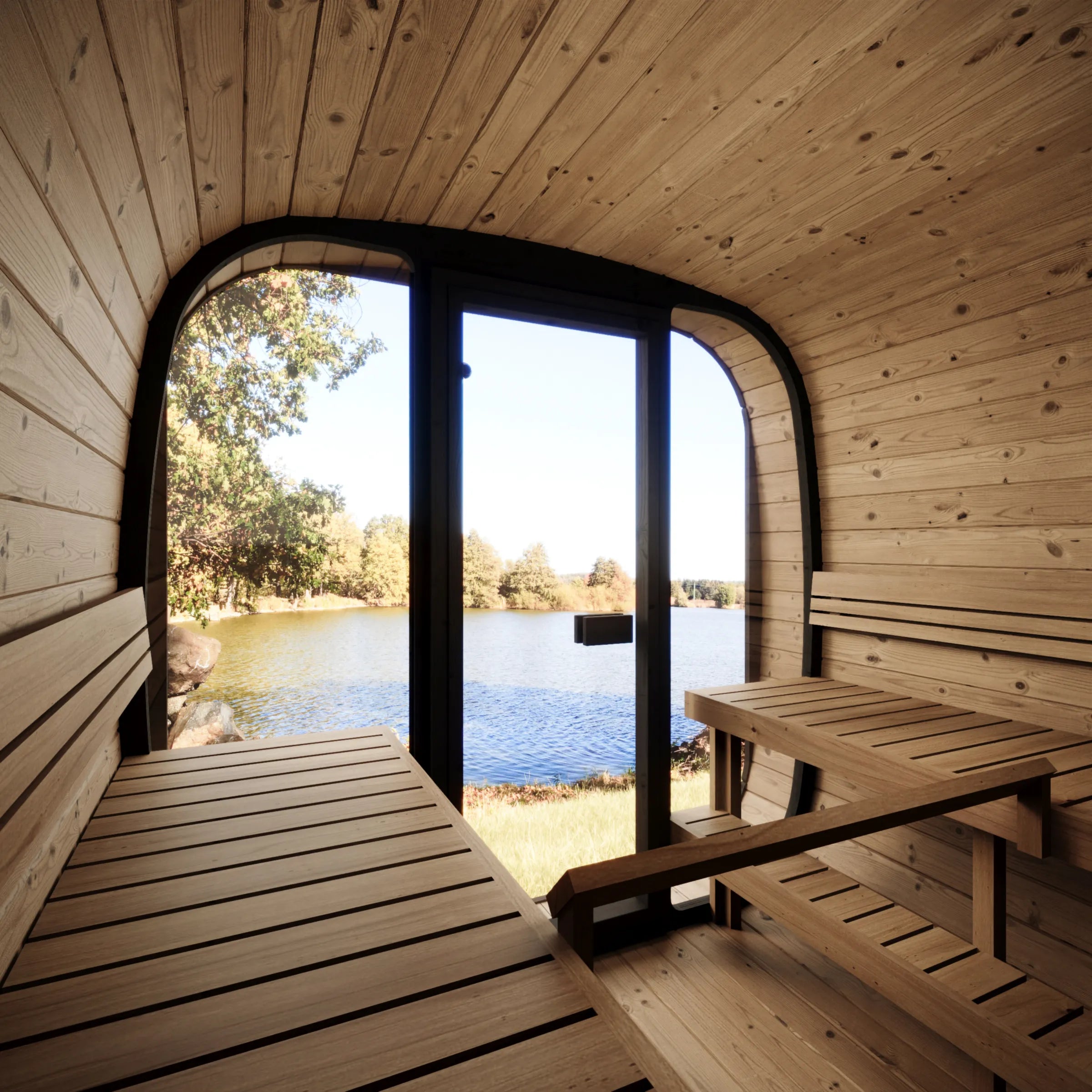 Innenraum einer Gartensauna mit Holzbänken und Panoramaglastür zum See