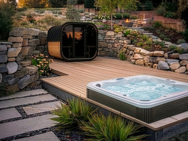 Gartensauna und sprudelnder Whirlpool auf einer Holzterrasse zwischen Natursteinmauern