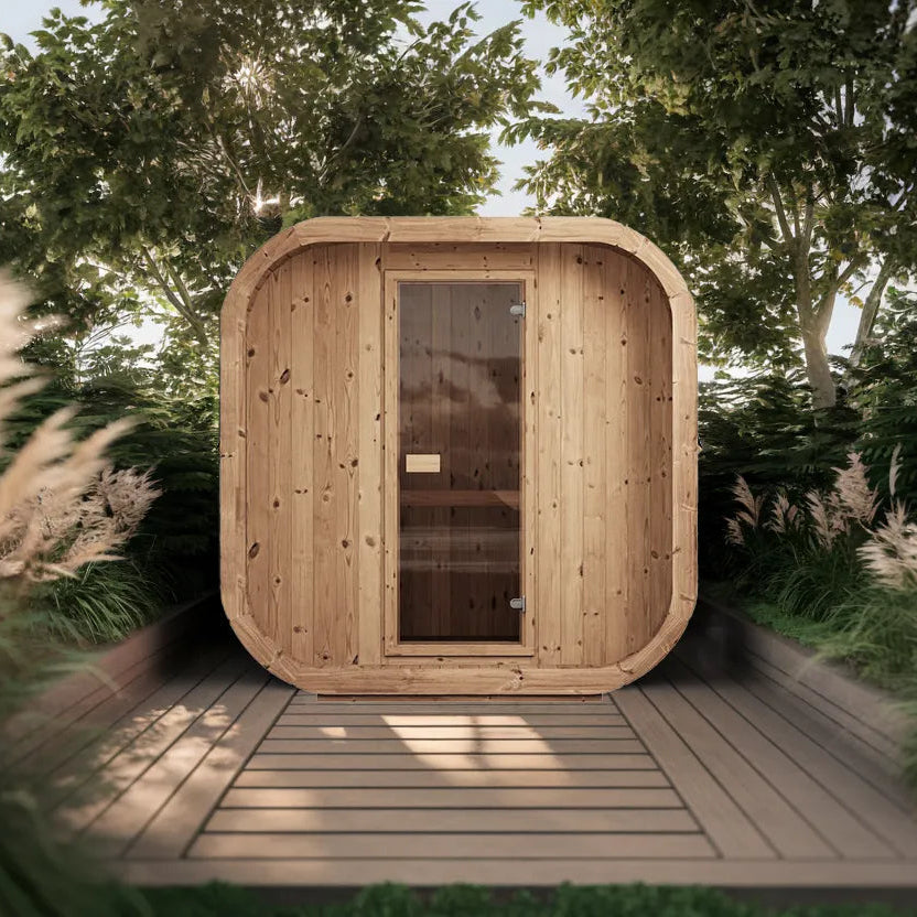 Holzverkleidete Gartensauna Kaunis mit Glastür auf einer Terrasse im Grünen
