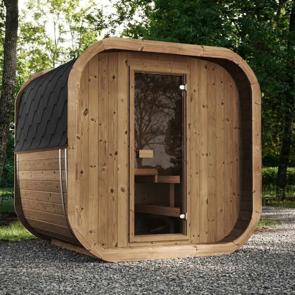 Gartensauna Kaunis aus Holz mit Glastür und dunklem Dach am Waldrand