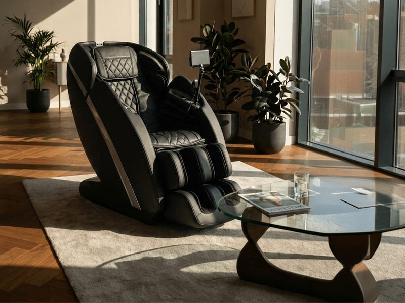 Schwarzer Massagesessel in einem sonnigen Wohnzimmer neben Glastisch und Zimmerpflanzen