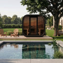 Schwarze Woodena Kaunis Gartensauna mit Glasfront neben einem Gartenpool