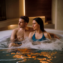 Paar entspannt gemeinsam in einem beleuchteten Whirlpool