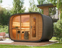 Round Cube Gartensauna mit Holzfront, Glastür und Panoramafenster im Garten