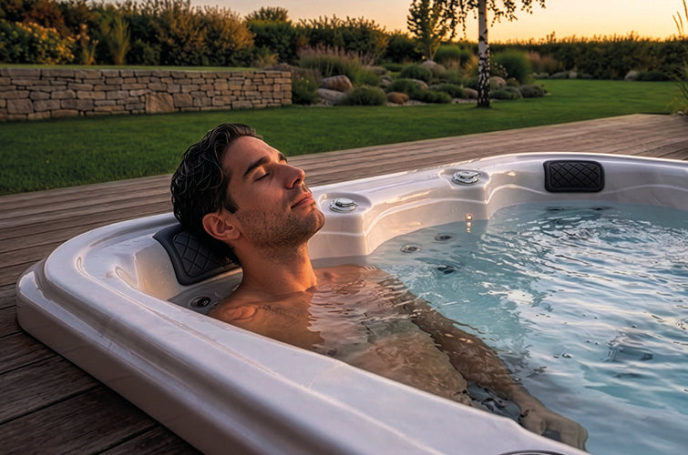 Mann entspannt mit geschlossenen Augen in einem Outdoor-Whirlpool bei Sonnenuntergang