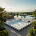 Sprudelnder VIVO SPA AUREA 6 Whirlpool auf einer bepflanzten Terrasse neben einem Außenpool