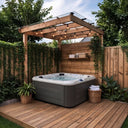 VIVO SPA WELUXIA 504 N Whirlpool mit dunkler Holzoptik-Verkleidung unter einer Gartenpergola