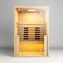 Woodena SanaSense II Infrarotkabine aus hellem Holz mit Glasfront und schwarzen Infrarotstrahlern