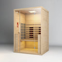 Woodena SanaSense II Infrarotkabine aus hellem Holz mit Glasfront, Sitzbank und Infrarotstrahlern
