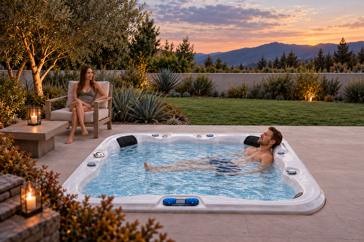 Zwei Personen genießen einen gemeinsamen Wellnessmoment am Outdoor Whirlpool auf einer Terrasse.