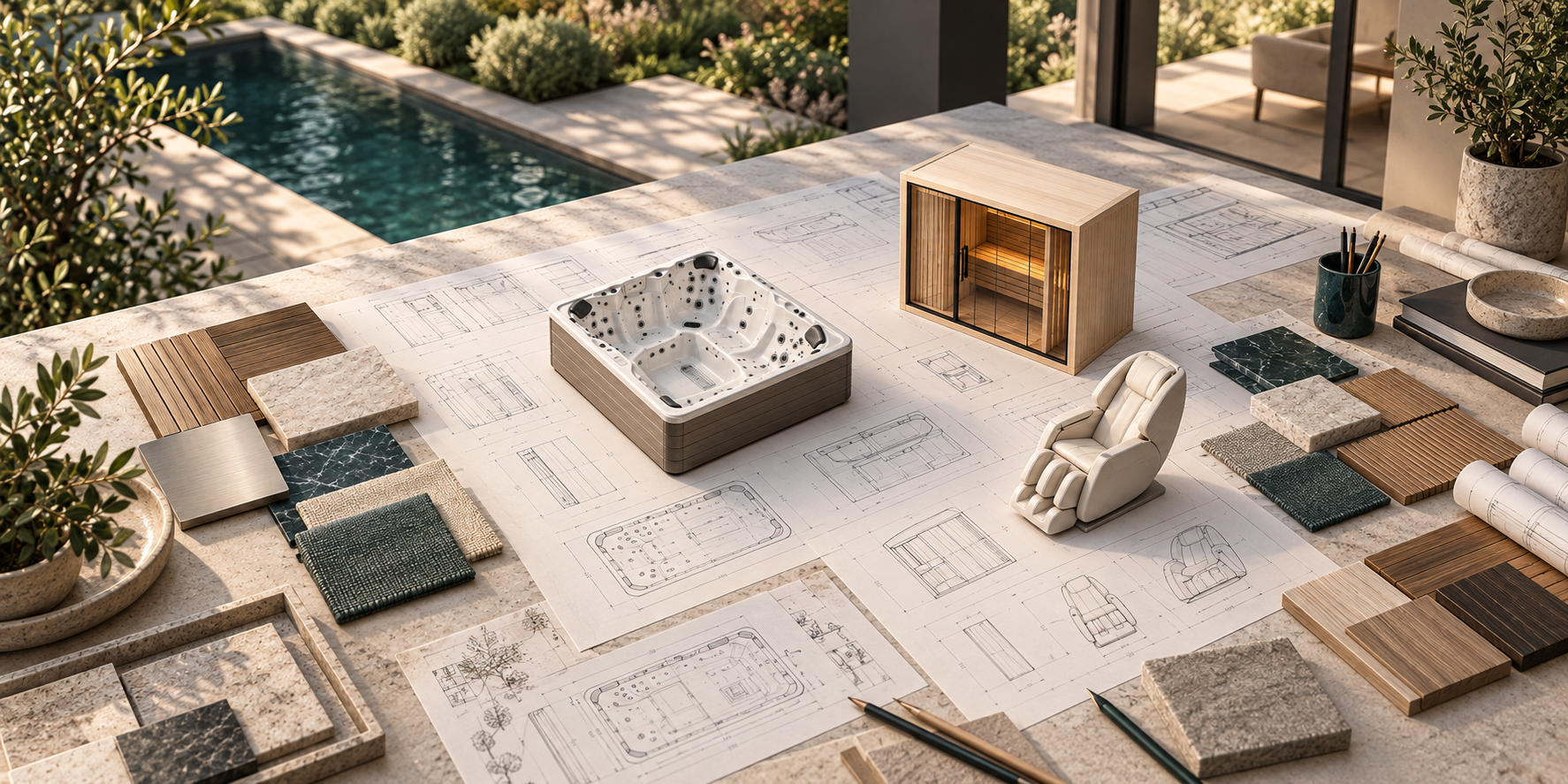Whirlpool, Gartensauna und Massagesessel als Modelle auf technischen Entwicklungszeichnungen